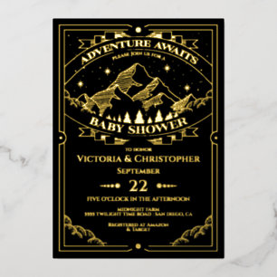 Invitación Con Relieve Metalizado Adventure Woodland Mountain Baby Shower