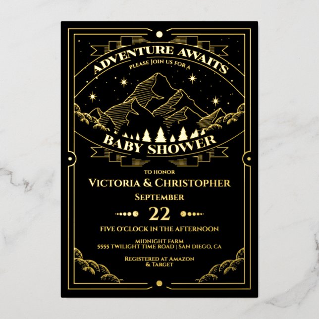 Invitación Con Relieve Metalizado Adventure Woodland Mountain Baby Shower (Anverso)