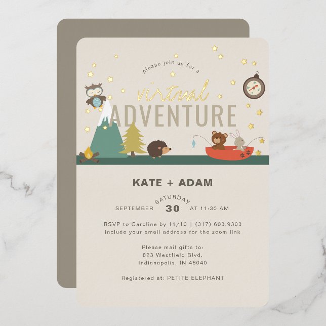 Invitación Con Relieve Metalizado Adventure Woodland Neutral Virtual Baby Shower (Anverso/Reverso)