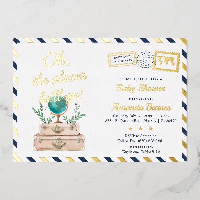 Invitación Con Relieve Metalizado Adventure World Travel Baby Map Marina Blue Gold (Anverso)