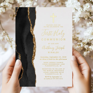 Invitación Con Relieve Metalizado Ágata de Oro Negro Primera Comunión
