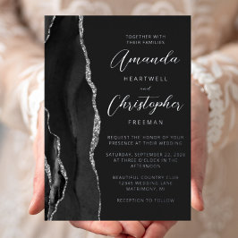 Invitación Con Relieve Metalizado Agate Black Silver Script Dark Boda