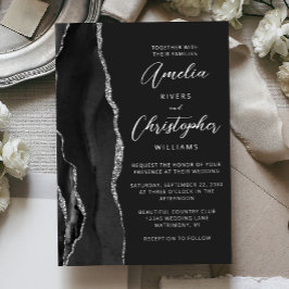 Invitación Con Relieve Metalizado Agate Black Silver Script Dark Wedding
