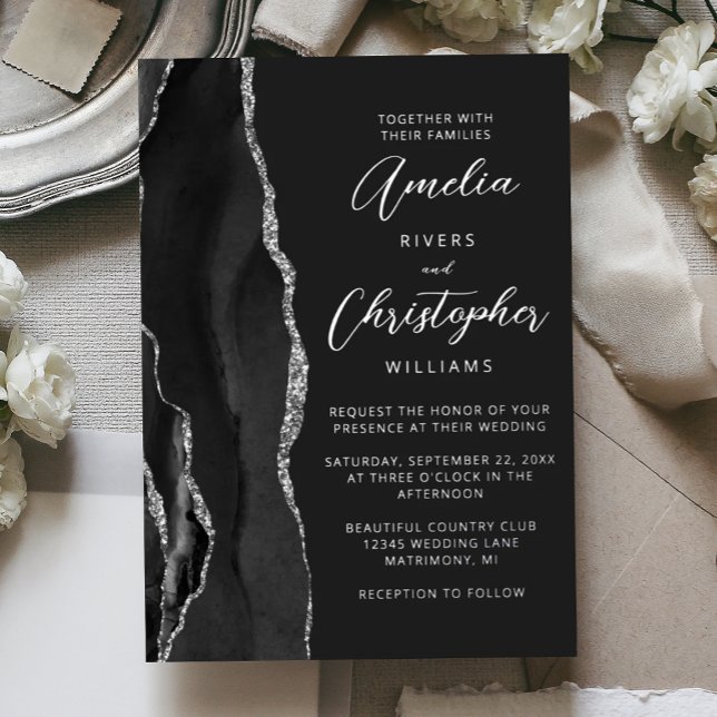 Invitación Con Relieve Metalizado Agate Black Silver Script Dark Wedding (Subido por el creador)