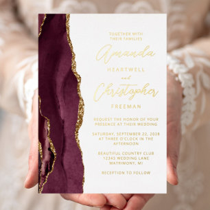 Invitación Con Relieve Metalizado Agate Burgundy Gold Boda