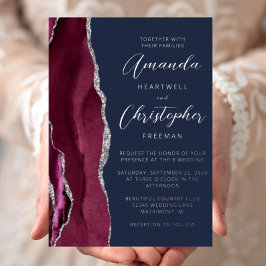 Invitación Con Relieve Metalizado Agate Burgundy Silver Navy Boda Azul