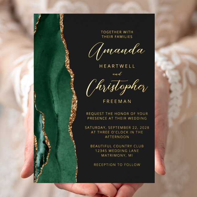 Invitación Con Relieve Metalizado Agate Esmeralda Verde Oro Script Oscuro Boda (Subido por el creador)