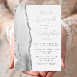 Invitación Con Relieve Metalizado Agate Gray Silver Script Boda