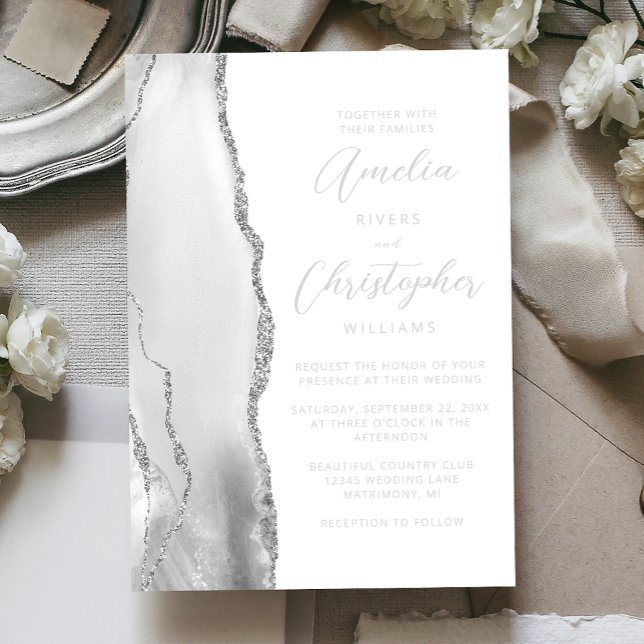 Invitación Con Relieve Metalizado Agate Gray Silver Script Wedding (Subido por el creador)