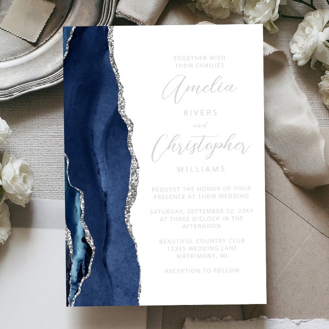 Invitación Con Relieve Metalizado Agate Navy Blue Silver Modern Script Wedding (Subido por el creador)