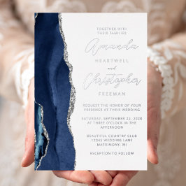 Invitación Con Relieve Metalizado Agate Navy Blue Silver Script Boda