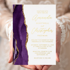 Invitación Con Relieve Metalizado Agate Purple Gold Script Boda