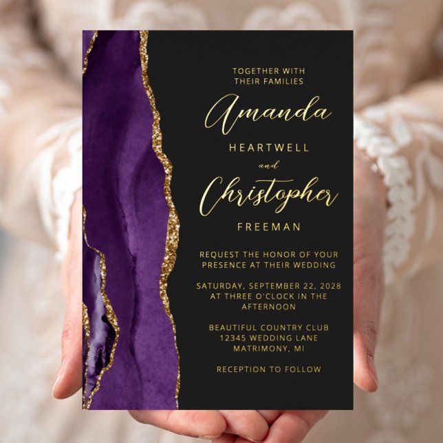 Invitación Con Relieve Metalizado Agate Purple Gold Script Dark Boda (Subido por el creador)