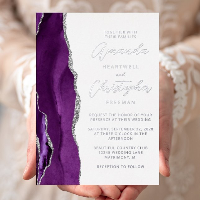Invitación Con Relieve Metalizado Agate Purple Silver Script Boda (Subido por el creador)