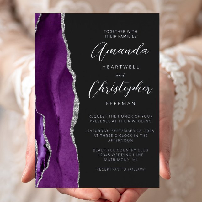 Invitación Con Relieve Metalizado Agate Purple Silver Script Dark Boda (Subido por el creador)