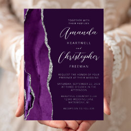 Invitación Con Relieve Metalizado Agate Purple Silver Script Plum Boda