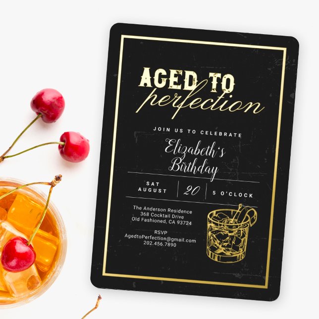 Invitación Con Relieve Metalizado Aged to Perfection Cocktail Birthday Party (Subido por el creador)