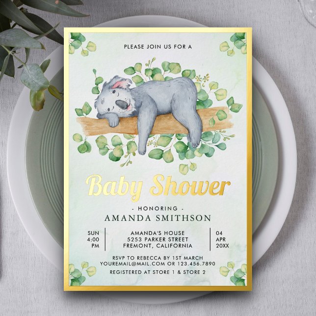 Invitación Con Relieve Metalizado Agradable Dormido Koala Oso Baby Shower Gold (Subido por el creador)
