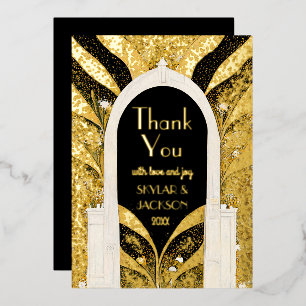 Invitación Con Relieve Metalizado Agradecimiento de boda con arco art déco de oro y 