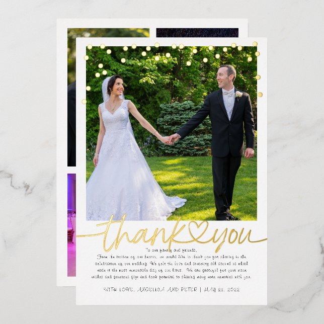 Invitación Con Relieve Metalizado Agradecimiento de Boda con Letras a Mano y Confeti (Anverso/Reverso)