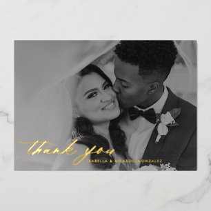Invitación Con Relieve Metalizado Agradecimiento de foto de boda con caligrafía eleg
