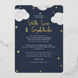 Invitación Con Relieve Metalizado Agradecimiento Plano para Baby Shower Nubes Azul O