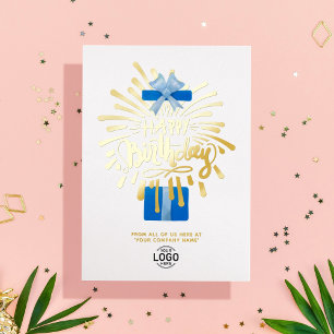 Invitación Con Relieve Metalizado Agregar logotipo caja de regalo azul fuegos artifi