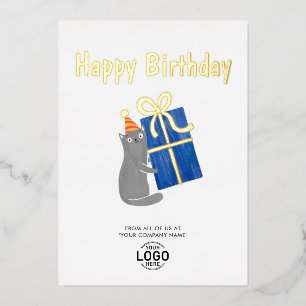 Invitación Con Relieve Metalizado Agregar logotipo Gato lindo Azul Marino Regalo Cum