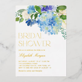Invitación Con Relieve Metalizado Agua Azul Hidrangea Floral Ducha de novia
