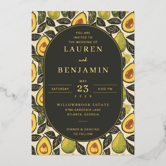 Invitación Con Relieve Metalizado Aguacate Verde Sofisticado (Anverso)