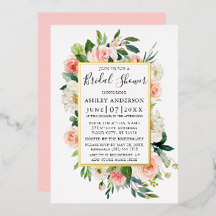 Invitación Con Relieve Metalizado Aguada Rosa Floral Bridal Shower Oro