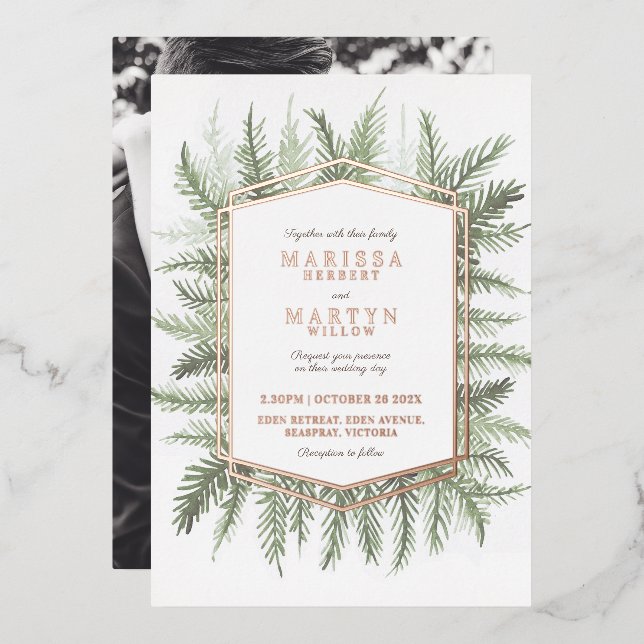 Invitación Con Relieve Metalizado Agujas de pino verde perenne (Anverso/Reverso)