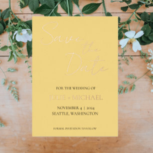 Invitación Con Relieve Metalizado Ahorra la Fecha Amarillo Mantequilla Boda Simple