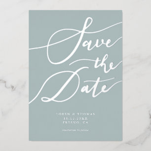 Invitación Con Relieve Metalizado Ahorre la fecha de azul Caligrafía