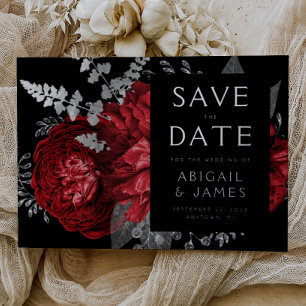Invitación Con Relieve Metalizado Ahorre la fecha de boda floral roja plateada oscur