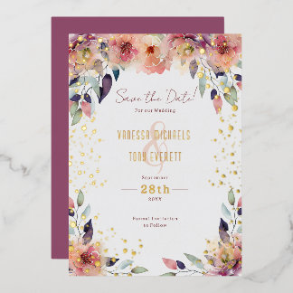 Invitación Con Relieve Metalizado Ahorre la fecha de boda floral rosa en cascada