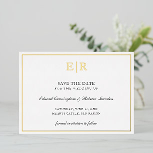 Invitación Con Relieve Metalizado Ahorre la fecha de boda formal con monograma en or