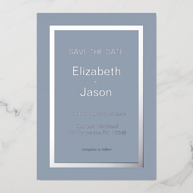 Invitación Con Relieve Metalizado Ahorre la fecha de boda simple gris azul plata  (Anverso)