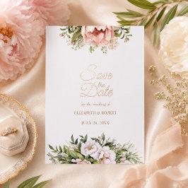 Invitación Con Relieve Metalizado Ahorre la fecha de Rosa Dorado y Peonía Marfil