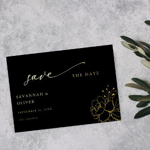 Invitación Con Relieve Metalizado Ahorre la fecha floral con dorado - Negro