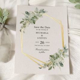 Invitación Con Relieve Metalizado Ahorro de Fecha de Boda con Verde Rústico y Oro Re