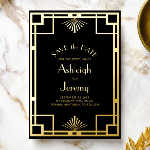Invitación Con Relieve Metalizado Ahorro de fecha de boda de Deco negro dorado de lo