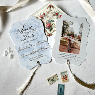 Invitación Con Relieve Metalizado Ahorro de fecha de boda de toile azul Vintage