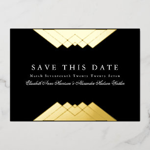 Invitación Con Relieve Metalizado Ahorro de Fecha Geométrico Negro Deco Foto Dorado