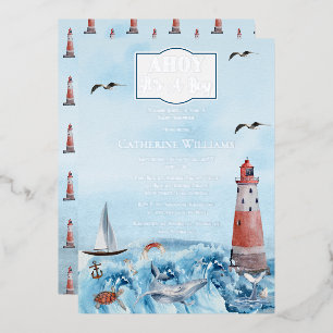 Invitación Con Relieve Metalizado Ahoy es un niño Faro Océano Baby Shower