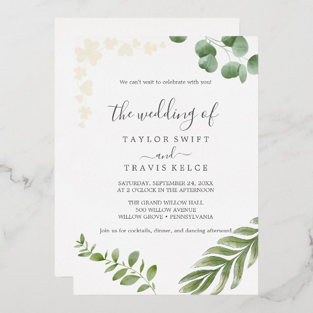 Invitación Con Relieve Metalizado Airy Greenery | Boda de hoja de Relieve metalizado (Anverso/Reverso)