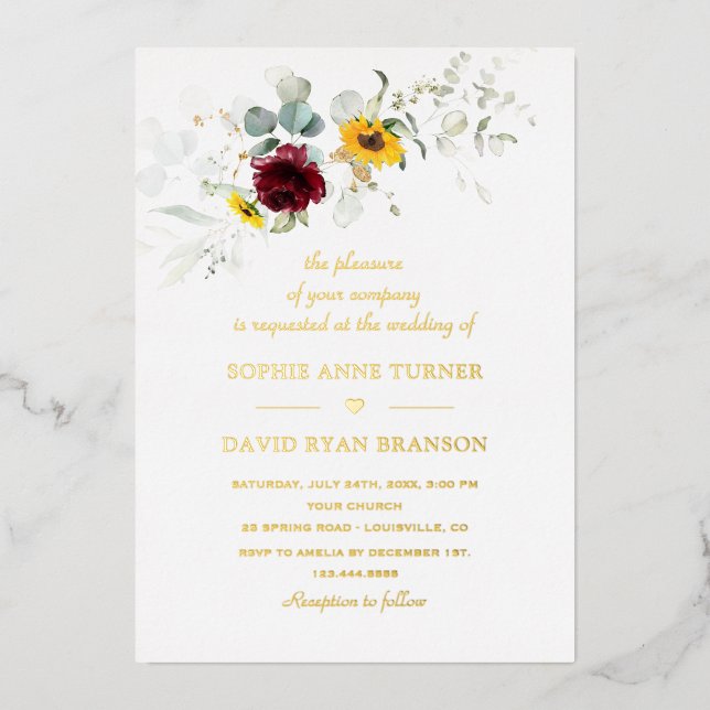 Invitación Con Relieve Metalizado Airy Greenery Sunflowers Burgundy Gold Wedding (Anverso)