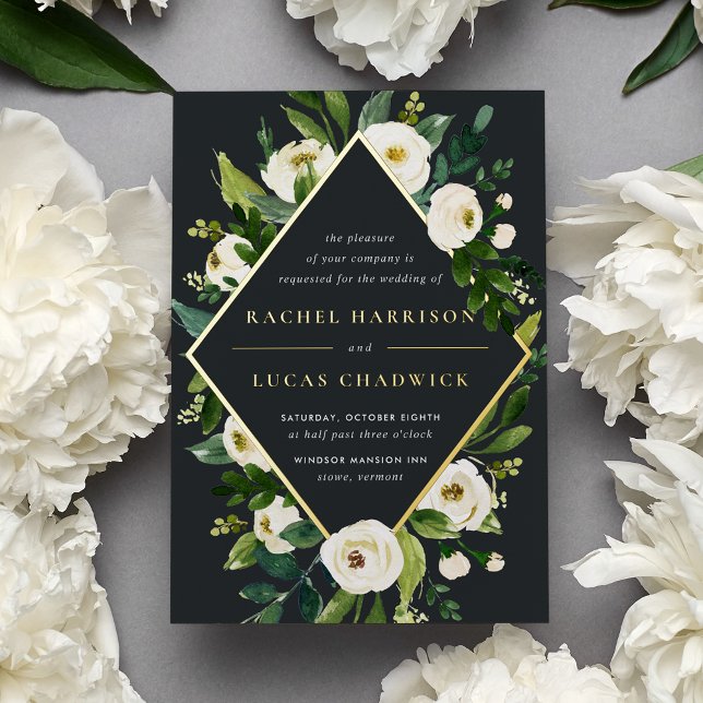 Invitación Con Relieve Metalizado Alabaster | Boda de marco floral verde y blanco (Subido por el creador)