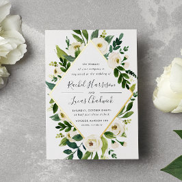 Invitación Con Relieve Metalizado Alabaster | Boda de marco floral verde y blanco