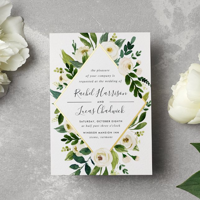 Invitación Con Relieve Metalizado Alabaster | Boda de marco floral verde y blanco (Subido por el creador)